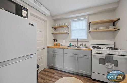 Lake Geneva Apartment | Broad St Earth Suite |Amazing Location in the Heart of Town |Parking Available |King & Queen Bedroom