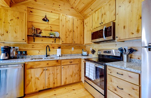 Hidden Lake Cabin | Dog-friendly cabin with covered porch, patio, firepit, fireplace, & grill