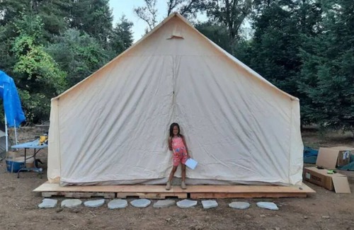 Auburn RV Rental | Glow in the dark Pickleball and Glamping in 16x14 canvas tent with Queen setup