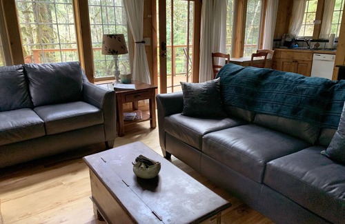 Ashford Cabin | Gorgeous secluded cabin 2 miles from Mt. Rainier National Park. Private hot tub overlooking Copper Creek. No other buildings in sight! Pet friendly. Children welcome. Two bedrooms, full kitchen, big deck with creek views.