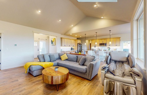 Union House | Modern home with fireplace, private patio, remote workspace, & golf nearby