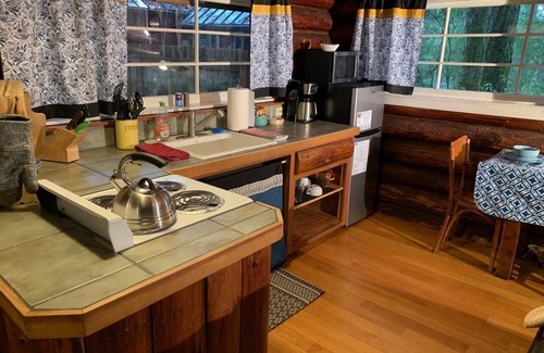 Ashford Cabin | This historic log cabin is adjacent to Copper Creek Restaurant just a few miles to Mt. Rainier National Park. Hot tub, full kitchen, gas fireplace, romance!