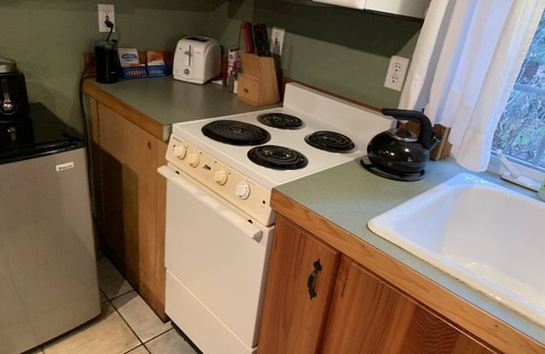 Ashford Cabin | This romantic cabin at Mt. Rainier is a one room cabin with private hot tub right on Copper Creek. It has a queen bed and a queen Murphy bed. Walk to Copper Creek Restaurant. Beautiful woodland setting.