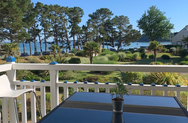 Apartment with terrace, sea view, beach 20 metres away, swimming pool and garden!