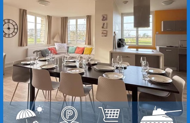 Les sables d'or Grand apt lumineux bien équipé 1er étage vue panoramique sur campagne près superette, à 600 m plage proche Omaha Beach et pointe du Hoc parking gratuit, garage à disposition