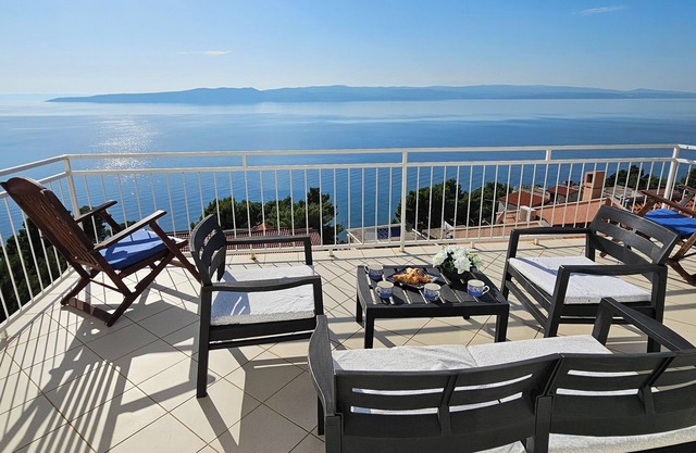 Stunning sea views from large sunbathing and dining terraces, 150m to beach