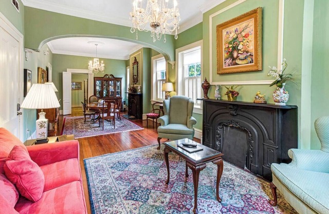 This Classical Parlor is located on Chatham Square. It offers a quiet retreat with natural light, floor-to-ceiling windows, and views of the Square.