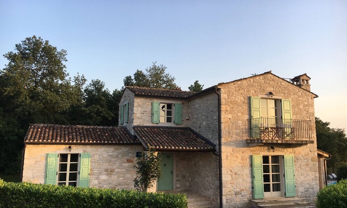 Vizinada Villa | (4. 9/5) Pool and sea view from the balcony: Beautiful new Istrian stone villa