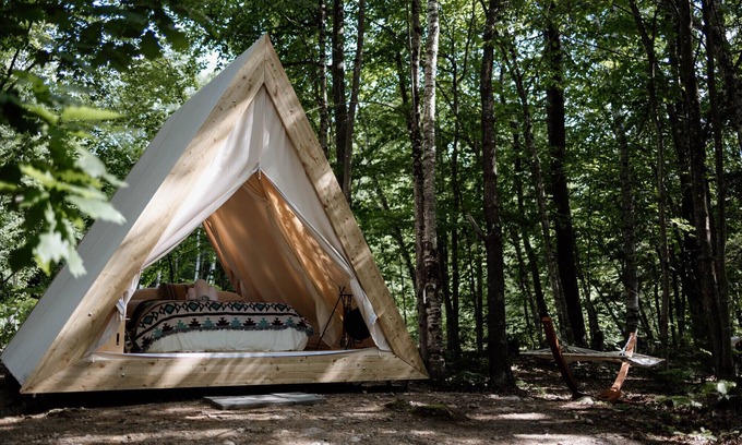 Woodstock RV Rental | A-Frame Site 34 | Queen Bed | Brook View