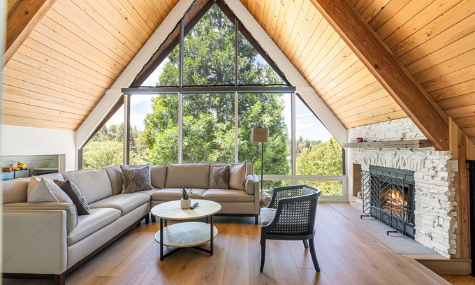 Cedar Glen Ski Chalet | AFrame Lakehouse with sunset over the lake views