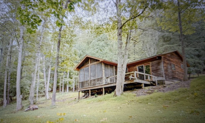 Harrisonville Cabin | Backyard creek, screened porch