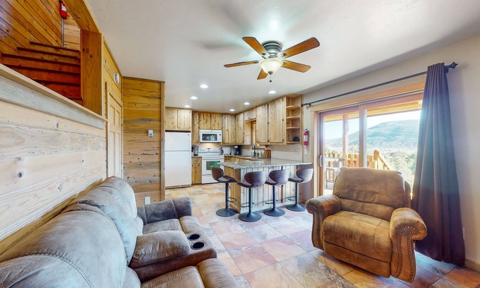 Alpine Village Cabin | Beautiful mountain-view cabin with covered deck, grill, fireplace & washer/dryer