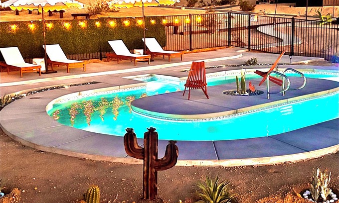 Joshua Tree House | Coolest little lazy river in Joshua Tree. Amazing Hot tub & rooftop deck views