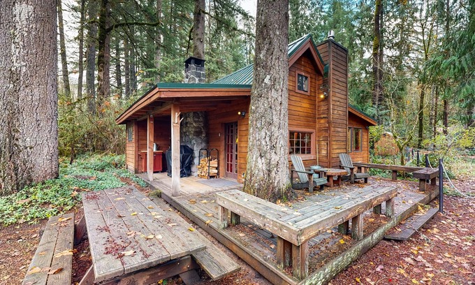 Brightwood Cabin | Cozy riverfront cabin with wood-burning fireplace, lovely deck, and washer/dryer