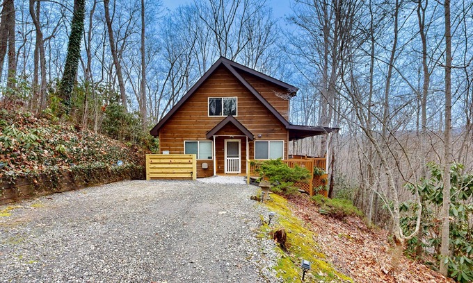 Whittier Cabin | Dog-friendly Smoky Mountain cabin with fireplace, charming deck & game loft
