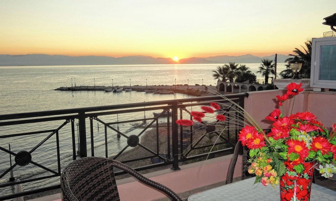 Benitses Apartment | Galini Sea Apartment 3 at the Beach with Wi-Fi, A/C & Garden