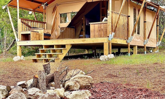 Johnson City RV Rental | Glamping Escape with Fire Pit on Winery