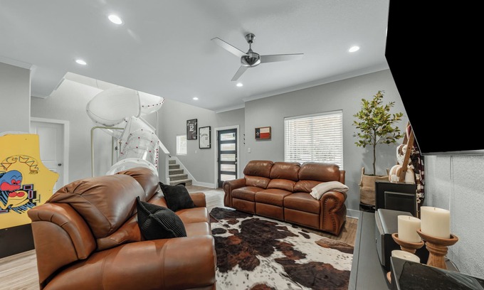 College Station House | Howdy Hideaway! Texas-Sized Fun at A&M: Arcade, Slide, Fire Pit, 85" TV & More!