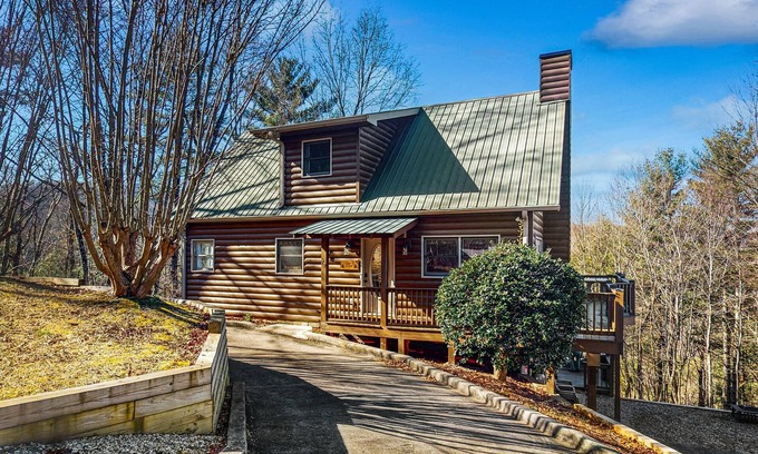 Cherry Log Cabin | Mountain view cabin with game tables, large deck, hot tub, fireplace, & AC