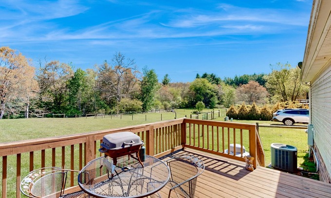 Sparta House | Riverfront home with a large yard, fireplace, deck, & washer/dryer