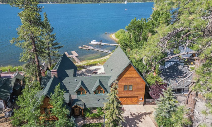 Big Bear Lake House | Sleeps 23 | 2 Lakefront Homes, Private Dock+Beach, Hot Tub, Fire Pit, Deck Views