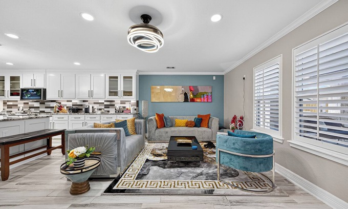 Rosenberg House | Stylish Smart Home w/Cozy Mantel, LED Lighting & Private Patio Escapen