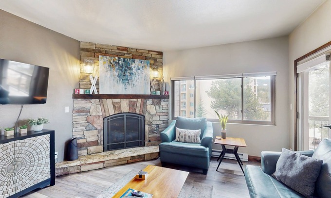 Peak 9 Condo | Upscale condo with balcony, pool, & hot tub - walk to lifts/Main Street