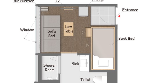 Private Room for 2-3 with Private Shower room, Non Smoking (Bunk Bed + Sofa)