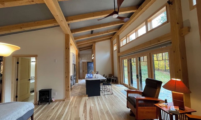 Bread Loaf House | Beautiful new two-bedroom timberframe house on 7 acres in Ripton.